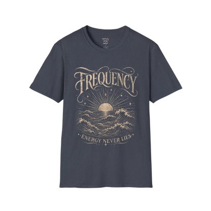 Heather Navy Frequency T-Shirt with distressed vintage ocean illustration and spiritual-inspired Frequency typography.
