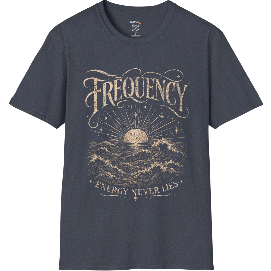Heather Navy Frequency T-Shirt with distressed vintage ocean illustration and spiritual-inspired Frequency typography.