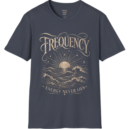 Heather Navy Frequency T-Shirt with distressed vintage ocean illustration and spiritual-inspired Frequency typography.