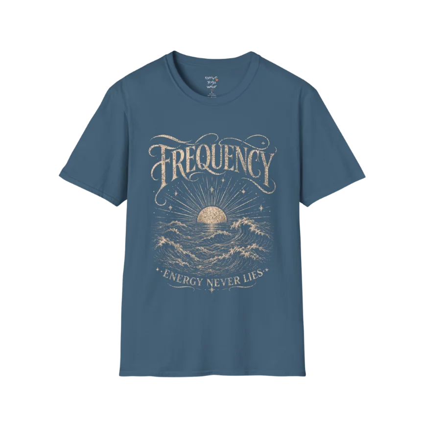 Indigo Blue Frequency T-Shirt with engraved wave and sunrise design inspired by coastal calm and mindful movement.