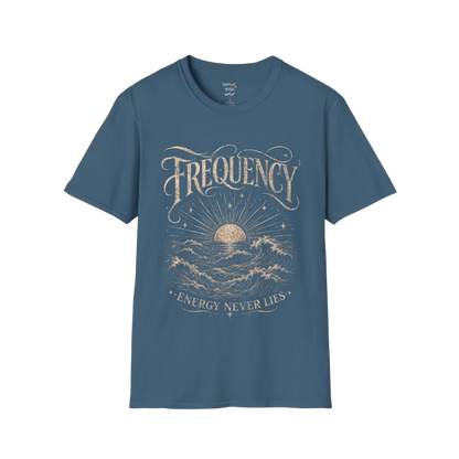 Indigo Blue Frequency T-Shirt with engraved wave and sunrise design inspired by coastal calm and mindful movement.