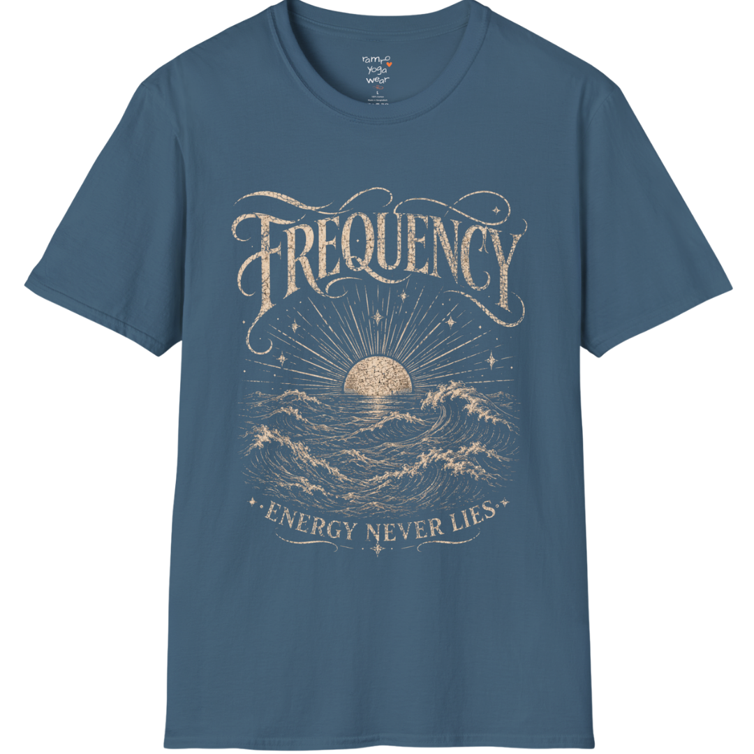 Indigo Blue Frequency T-Shirt with engraved wave and sunrise design inspired by coastal calm and mindful movement.