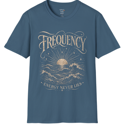 Indigo Blue Frequency T-Shirt with engraved wave and sunrise design inspired by coastal calm and mindful movement.