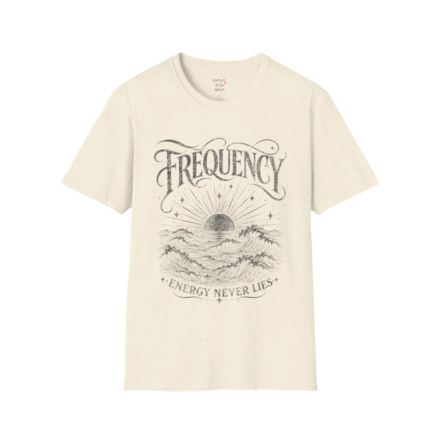 Natural Frequency T-Shirt with charcoal vintage wave illustration and spiritual engraved typography inspired by energy and intuition.