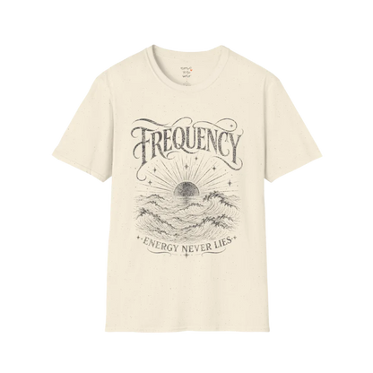 Natural Frequency T-Shirt with charcoal vintage wave illustration and spiritual engraved typography inspired by energy and intuition.