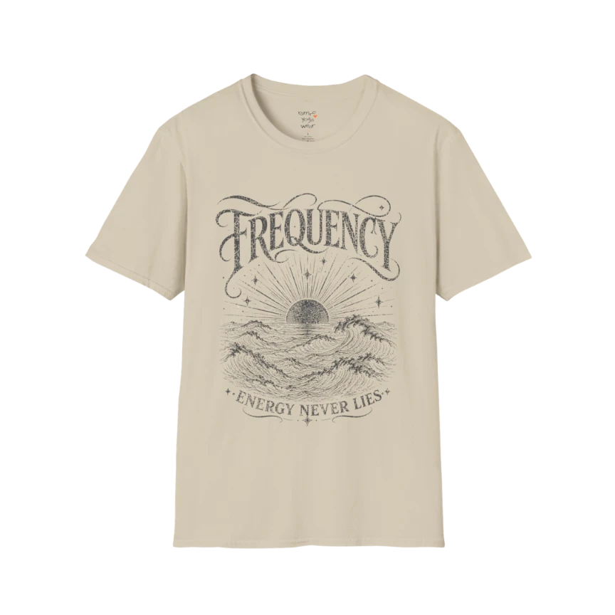 Sand Frequency T-Shirt featuring distressed engraved coastal artwork with mindful yoga-inspired aesthetic and relaxed vintage feel.