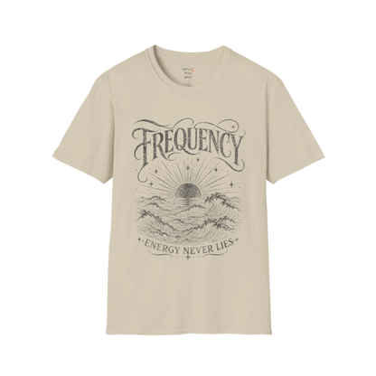 Sand Frequency T-Shirt featuring distressed engraved coastal artwork with mindful yoga-inspired aesthetic and relaxed vintage feel.