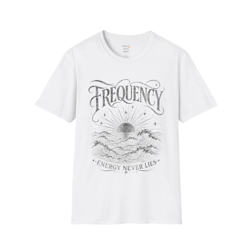 White Frequency T-Shirt with dark charcoal engraved wave illustration and soulful Frequency typography inspired by peaceful living.