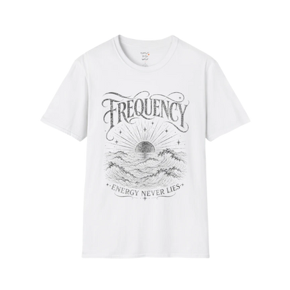 White Frequency T-Shirt with dark charcoal engraved wave illustration and soulful Frequency typography inspired by peaceful living.
