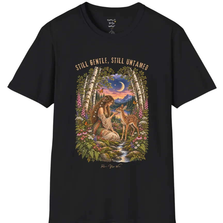 A short sleeved tee called the Gentle T-Shirt, flat lay and a Gildan 64000 shirt. Simply says, Still Gentle, Still Untamed. Design highlights a woman with wildflowers in her hair kneeling in a birch forest, gently cupping the chin of a spotted fawn, with foxgloves, ferns and a small stream below a crescent moon at twilight, in a full-color painted illustration style. Color is Black.