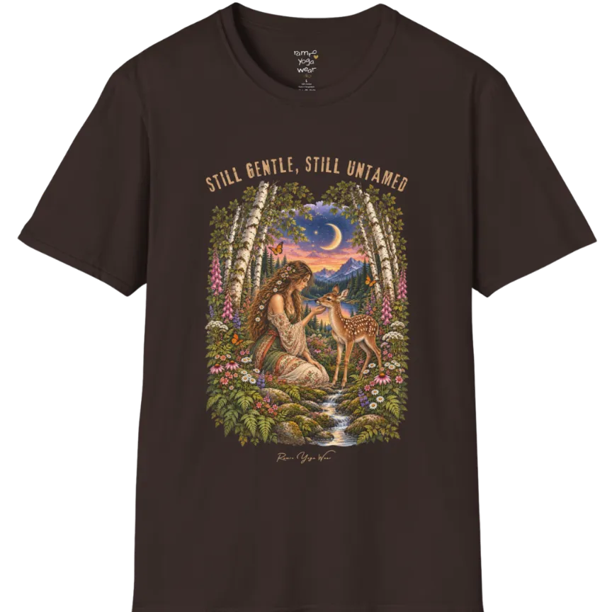 A short sleeved tee called the Gentle T-Shirt, flat lay and a Gildan 64000 shirt. Simply says, Still Gentle, Still Untamed. Design highlights a woman with wildflowers in her hair kneeling in a birch forest, gently cupping the chin of a spotted fawn, with foxgloves, ferns and a small stream below a crescent moon at twilight, in a full-color painted illustration style. Color is Dark Chocolate.