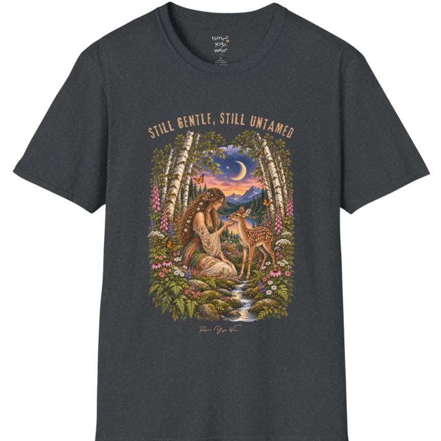 A short sleeved tee called the Gentle T-Shirt, flat lay and a Gildan 64000 shirt. Simply says, Still Gentle, Still Untamed. Design highlights a woman with wildflowers in her hair kneeling in a birch forest, gently cupping the chin of a spotted fawn, with foxgloves, ferns and a small stream below a crescent moon at twilight, in a full-color painted illustration style. Color is Dark Heather Grey.