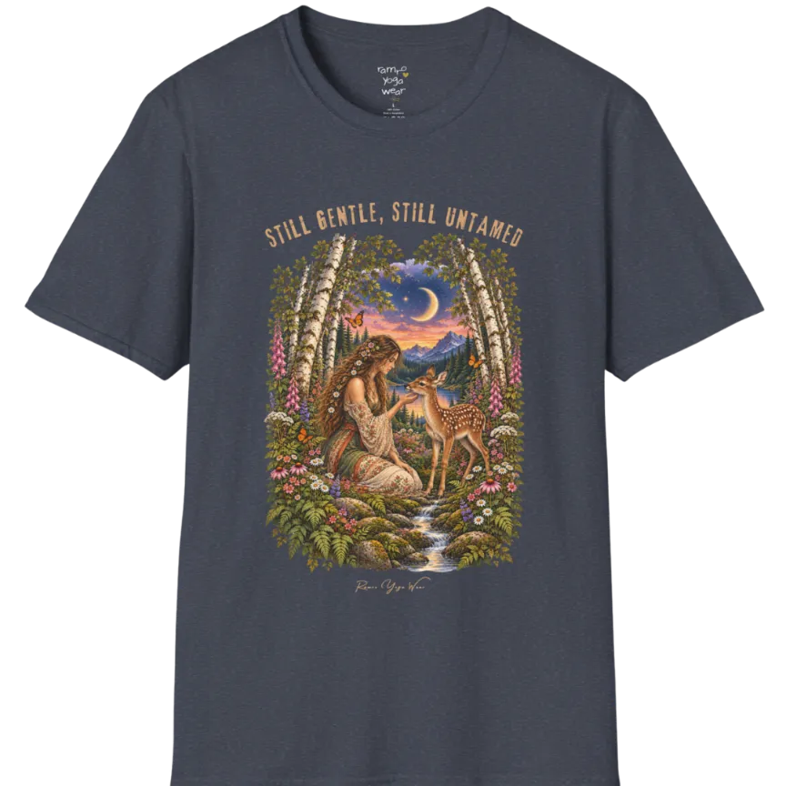 A short sleeved tee called the Gentle T-Shirt, flat lay and a Gildan 64000 shirt. Simply says, Still Gentle, Still Untamed. Design highlights a woman with wildflowers in her hair kneeling in a birch forest, gently cupping the chin of a spotted fawn, with foxgloves, ferns and a small stream below a crescent moon at twilight, in a full-color painted illustration style. Color is Heather Navy.