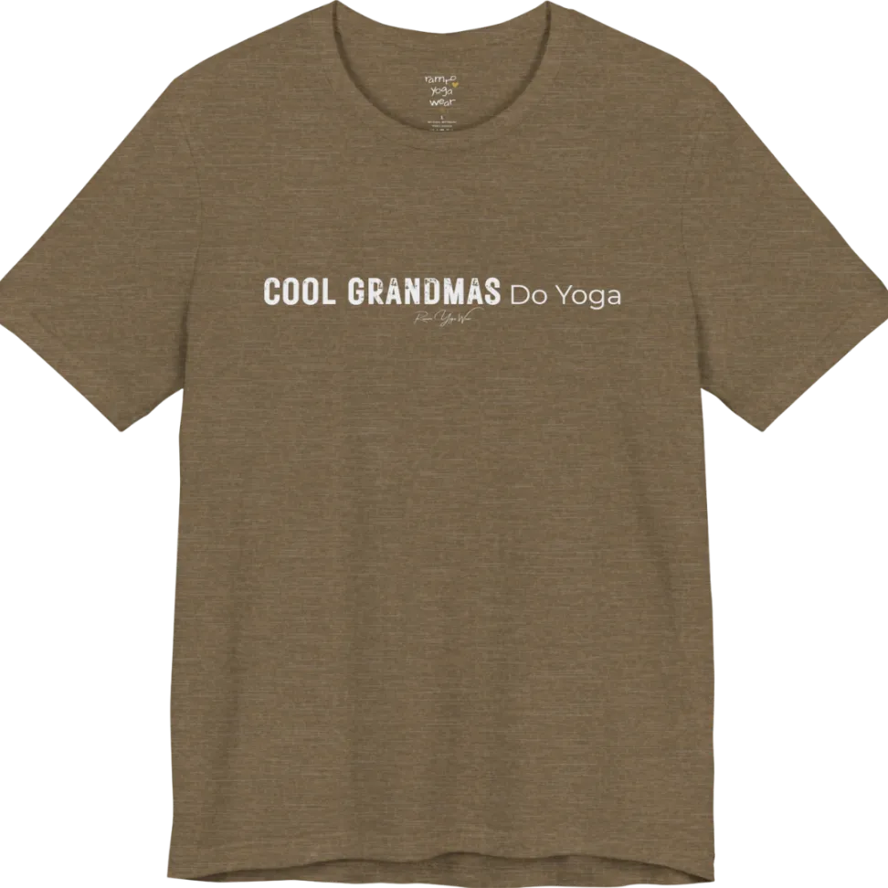A short sleeved tee called the Grandmas T-Shirt, flat lay and a soft cotton blend shirt. Simply says, Cool Grandmas Do Yoga. Design highlights bold distressed block lettering for COOL GRANDMAS beside thin lettering for Do Yoga, with a small script signature underneath. Color is Heather Olive.