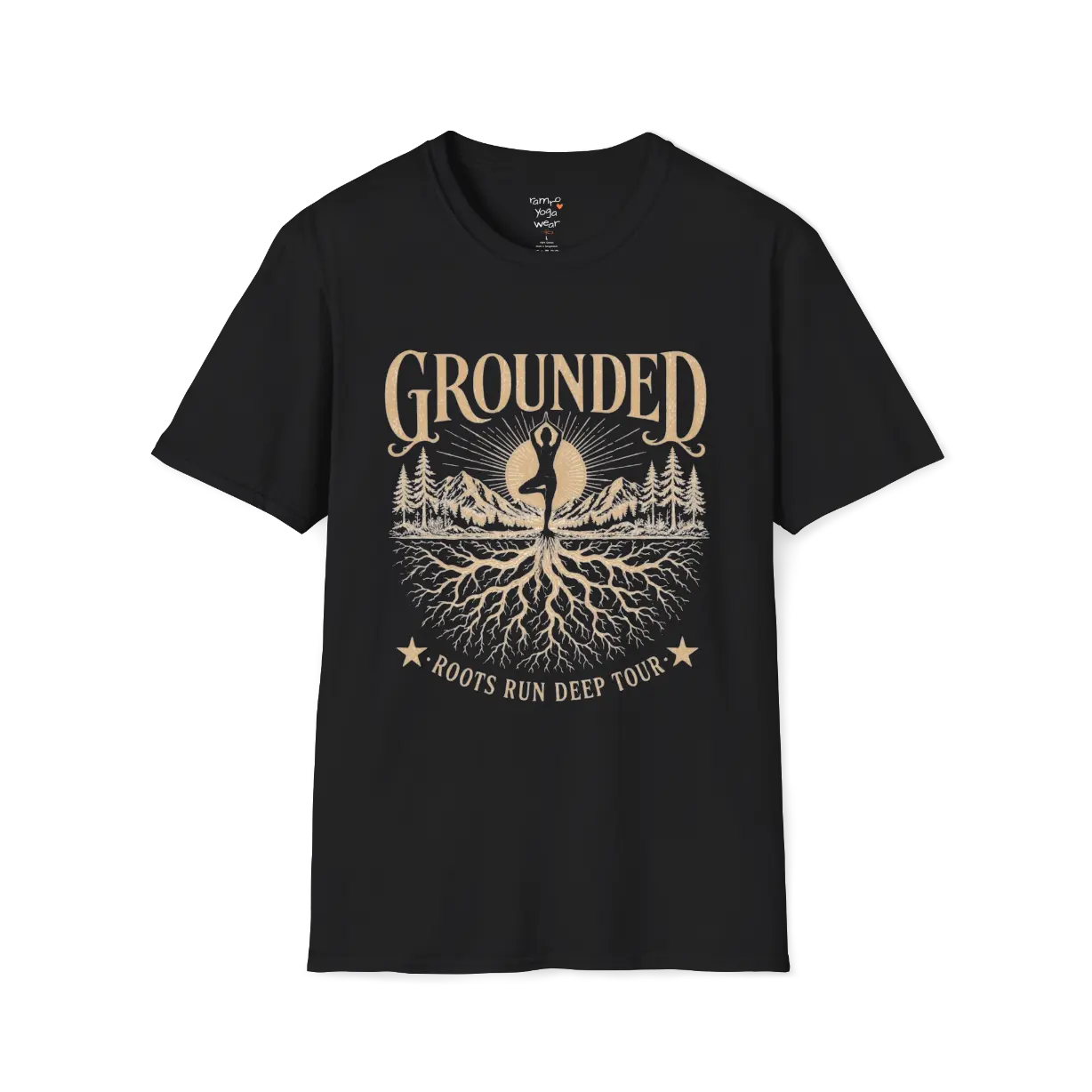 Black Grounded T-Shirt featuring rooted yoga landscape artwork with vintage mindful spiritual styling.