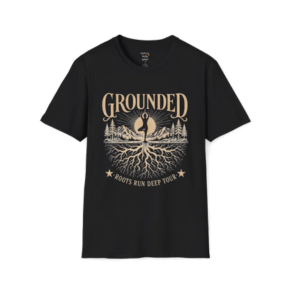 Black Grounded T-Shirt featuring rooted yoga landscape artwork with vintage mindful spiritual styling.