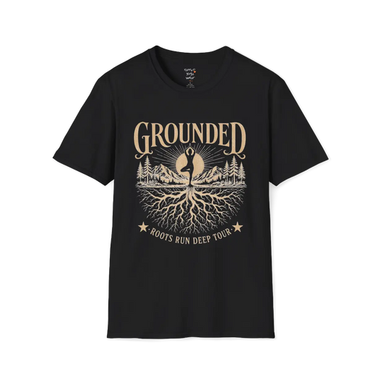 Black Grounded T-Shirt featuring rooted yoga landscape artwork with vintage mindful spiritual styling.