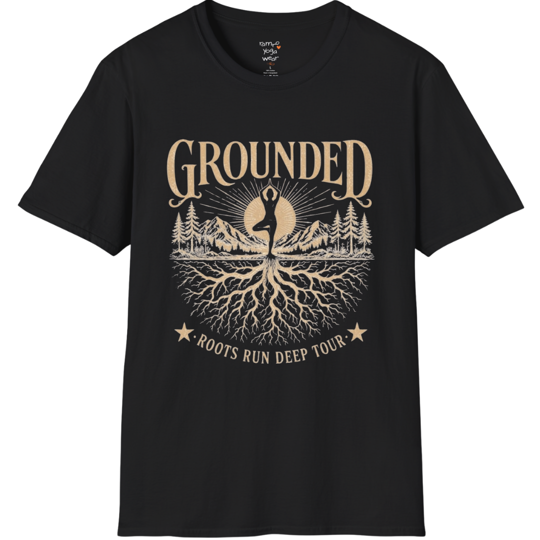 Black Grounded T-Shirt featuring rooted yoga landscape artwork with vintage mindful spiritual styling.