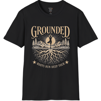 Black Grounded T-Shirt featuring rooted yoga landscape artwork with vintage mindful spiritual styling.