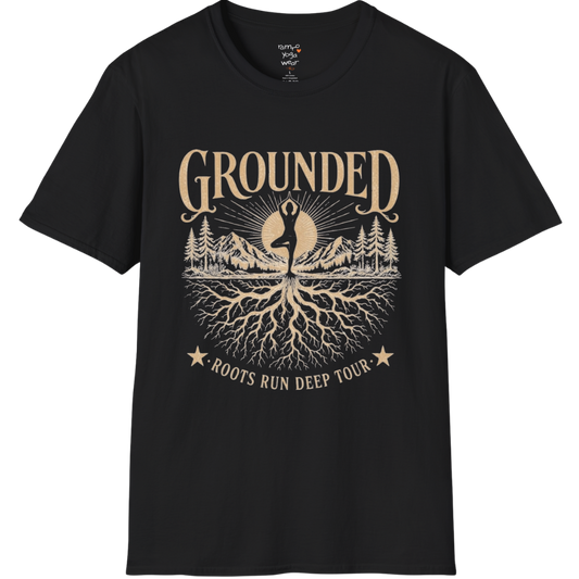 Black Grounded T-Shirt featuring rooted yoga landscape artwork with vintage mindful spiritual styling.