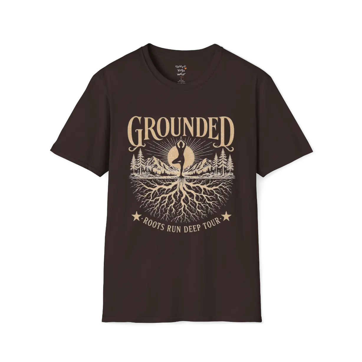 Dark Chocolate Grounded T-Shirt with mountain and roots yoga graphic in calm earthy aesthetic.