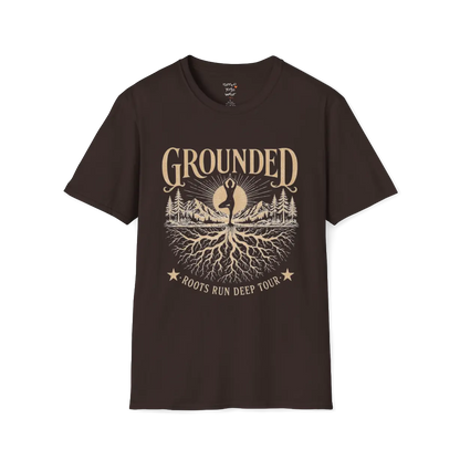 Dark Chocolate Grounded T-Shirt with mountain and roots yoga graphic in calm earthy aesthetic.
