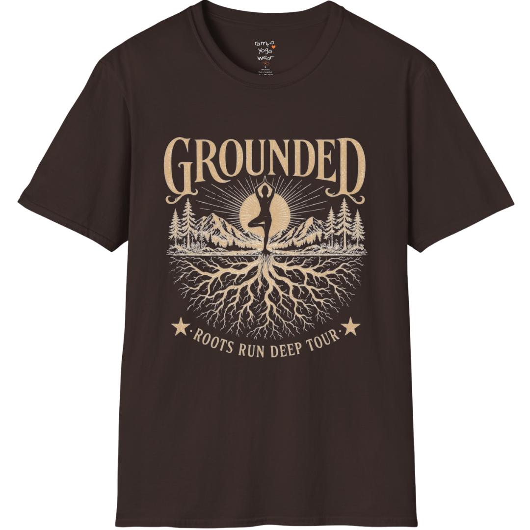 Dark Chocolate Grounded T-Shirt with mountain and roots yoga graphic in calm earthy aesthetic.