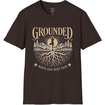 Dark Chocolate Grounded T-Shirt with mountain and roots yoga graphic in calm earthy aesthetic.