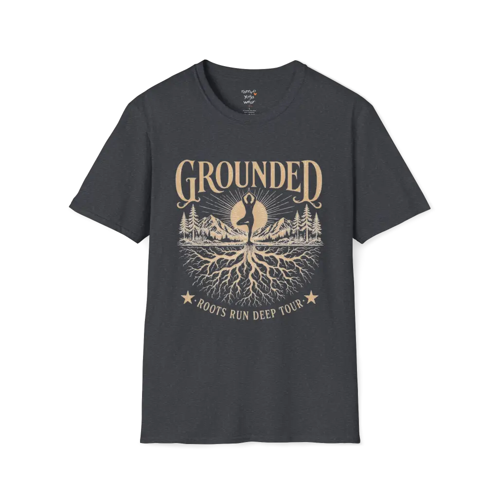 Dark Heather Grey Grounded T-Shirt featuring rooted yoga artwork with grounded editorial styling.