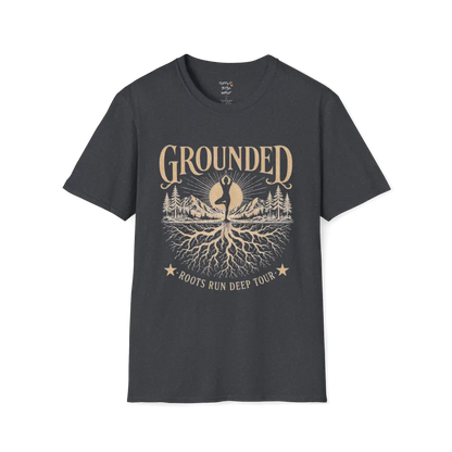 Dark Heather Grey Grounded T-Shirt featuring rooted yoga artwork with grounded editorial styling.