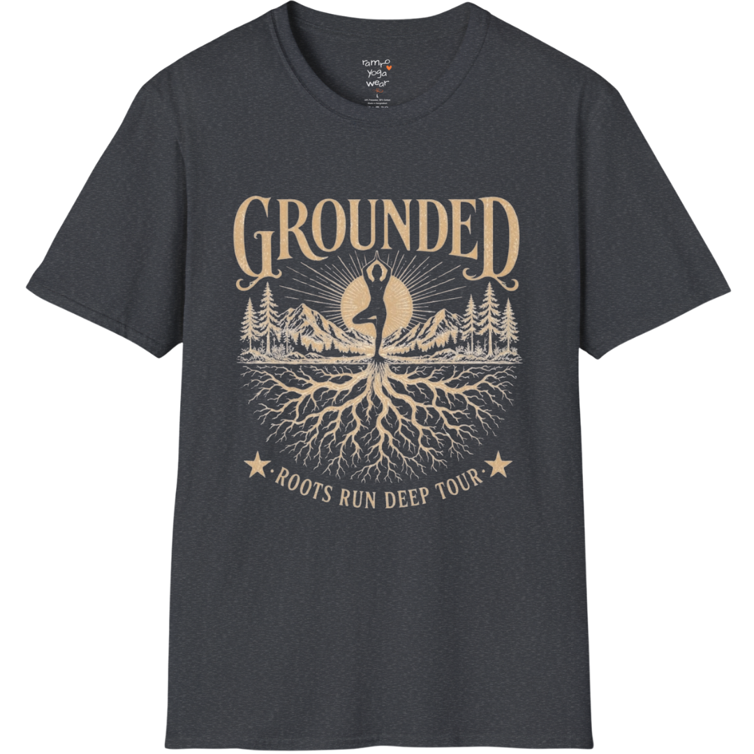 Dark Heather Grey Grounded T-Shirt featuring rooted yoga artwork with grounded editorial styling.
