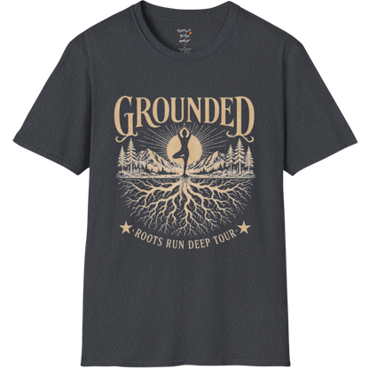 Dark Heather Grey Grounded T-Shirt featuring rooted yoga artwork with grounded editorial styling.