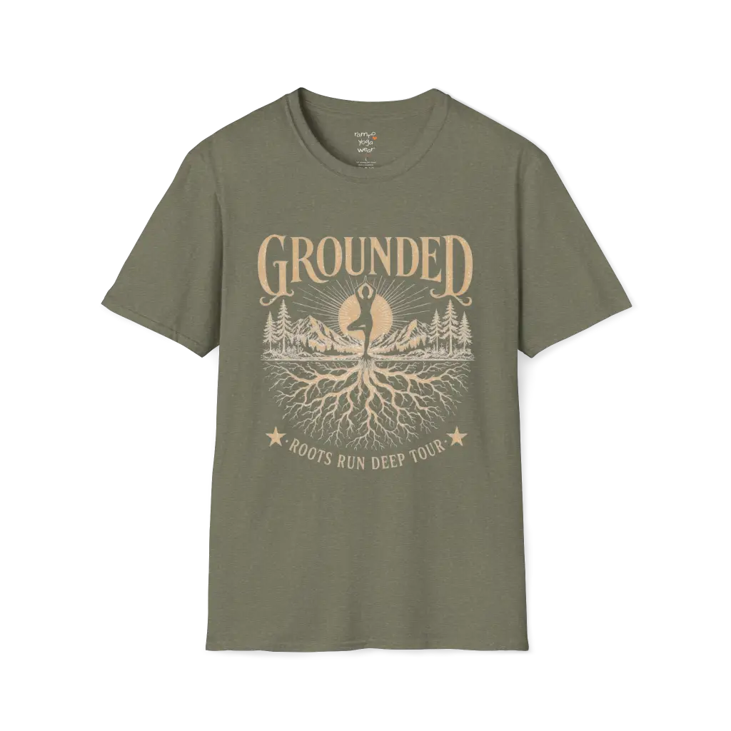 Heather Military Green Grounded T-Shirt with vintage roots and mountain yoga design in mindful lifestyle aesthetic.
