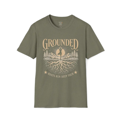 Heather Military Green Grounded T-Shirt with vintage roots and mountain yoga design in mindful lifestyle aesthetic.