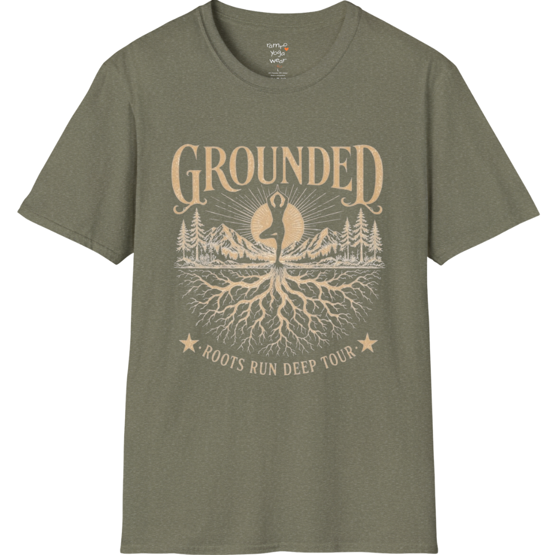 Heather Military Green Grounded T-Shirt with vintage roots and mountain yoga design in mindful lifestyle aesthetic.