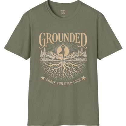 Heather Military Green Grounded T-Shirt with vintage roots and mountain yoga design in mindful lifestyle aesthetic.