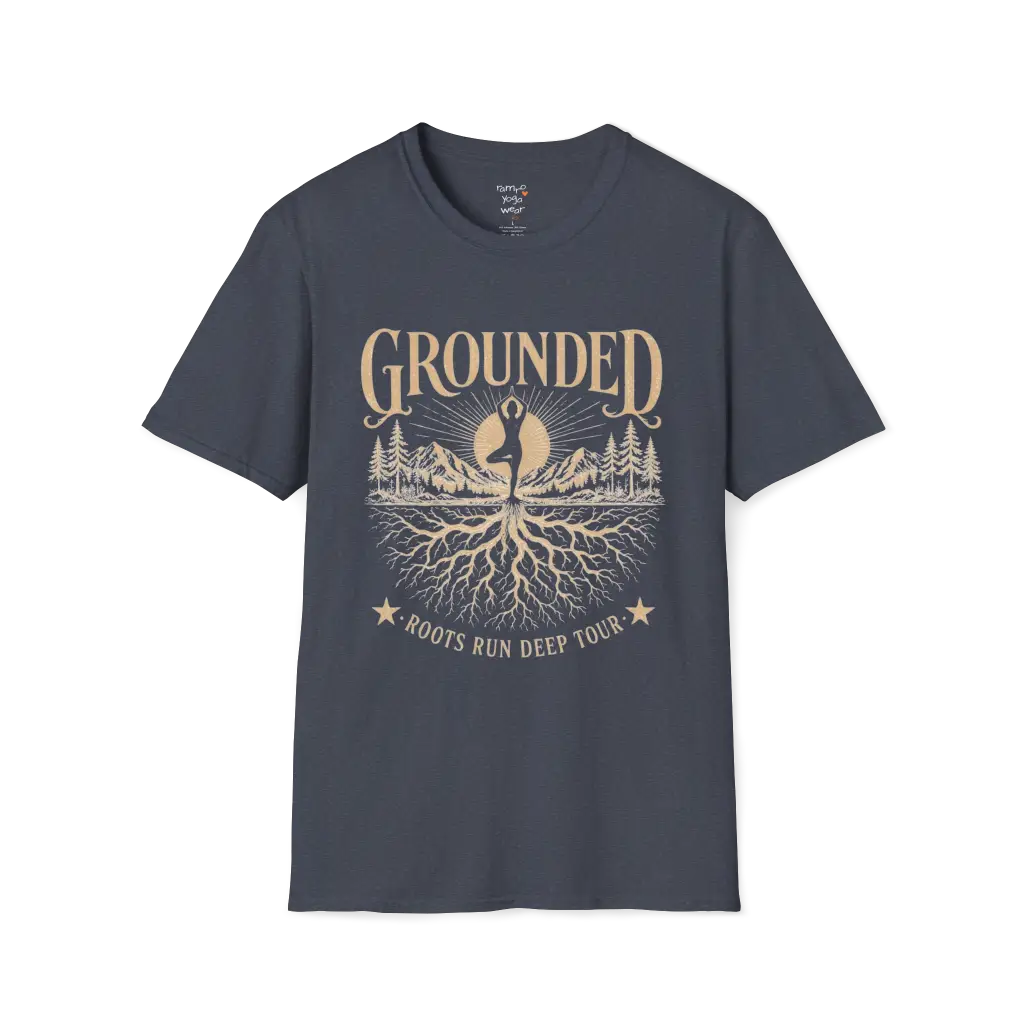 Heather Navy Grounded T-Shirt featuring rooted yoga landscape artwork with calm spiritual energy.