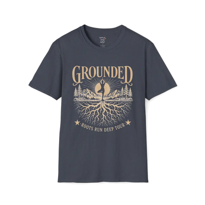 Heather Navy Grounded T-Shirt featuring rooted yoga landscape artwork with calm spiritual energy.