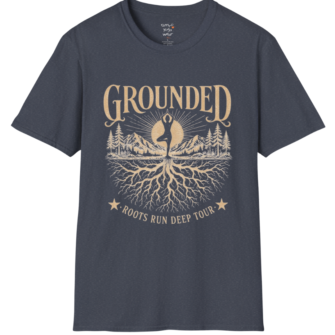 Heather Navy Grounded T-Shirt featuring rooted yoga landscape artwork with calm spiritual energy.