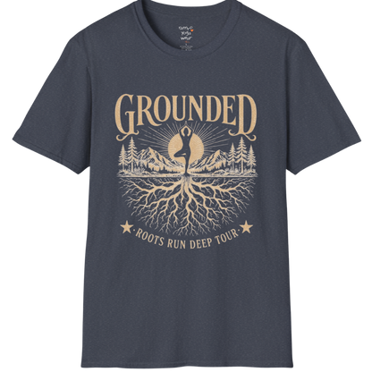 Heather Navy Grounded T-Shirt featuring rooted yoga landscape artwork with calm spiritual energy.