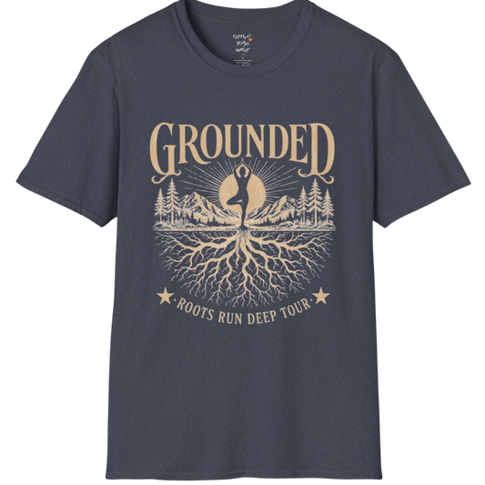 Heather Navy Grounded T-Shirt featuring rooted yoga landscape artwork with calm spiritual energy.