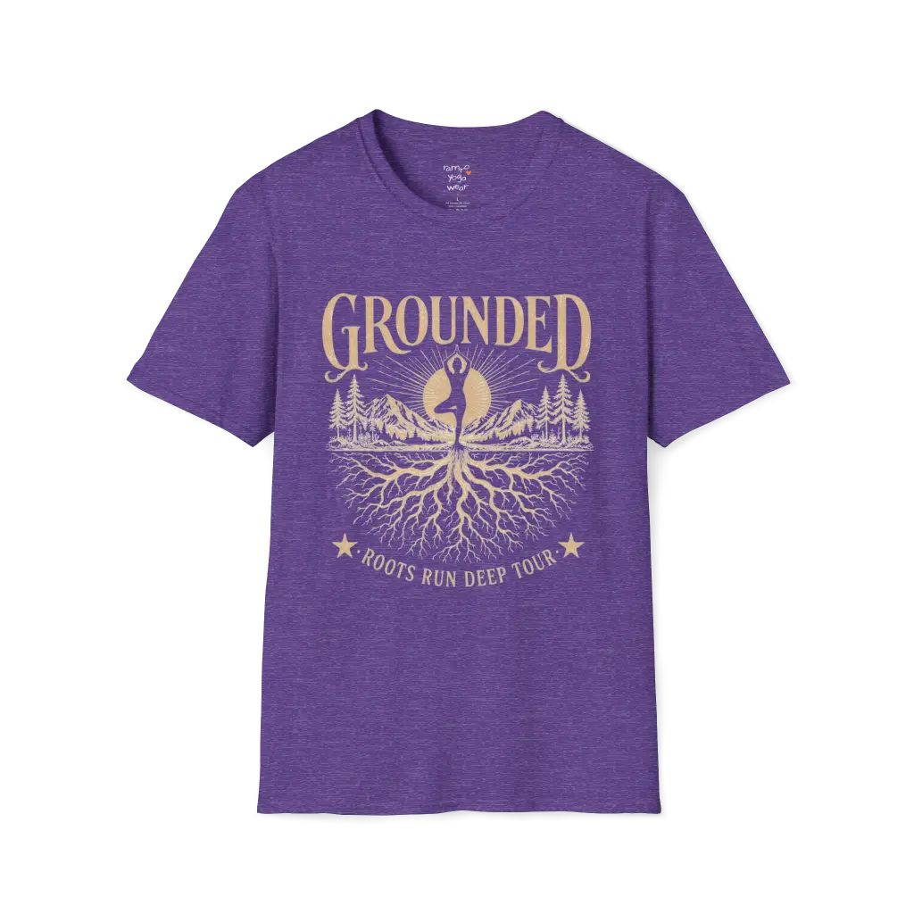 Heather Purple Grounded T-Shirt with vintage-inspired mountain roots graphic and grounded mindful styling.