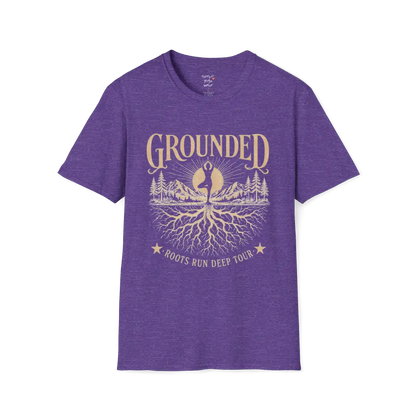 Heather Purple Grounded T-Shirt with vintage-inspired mountain roots graphic and grounded mindful styling.