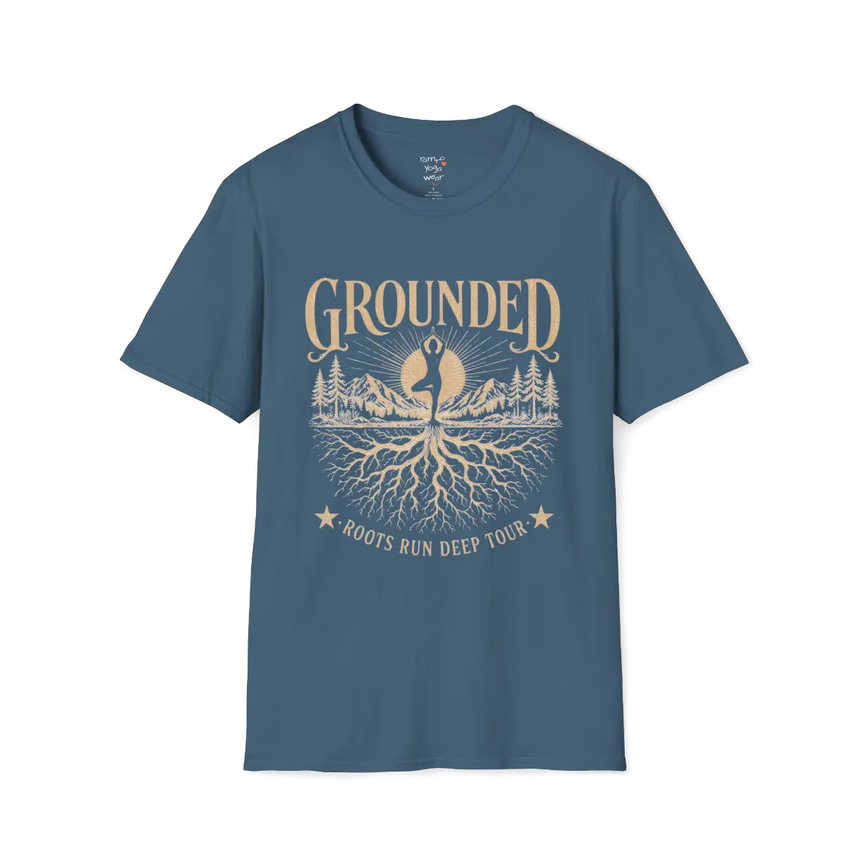 Indigo Blue Grounded T-Shirt featuring rooted yoga artwork with relaxed spiritual aesthetic.