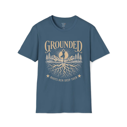 Indigo Blue Grounded T-Shirt featuring rooted yoga artwork with relaxed spiritual aesthetic.