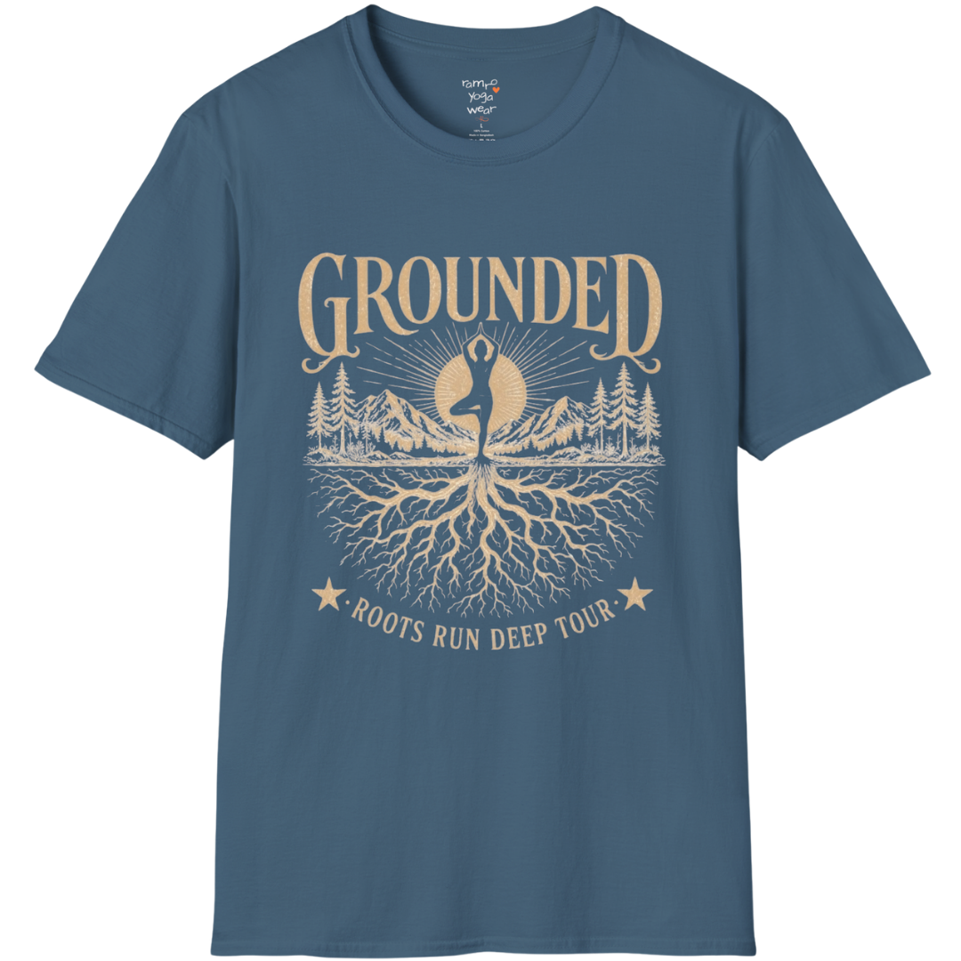 Indigo Blue Grounded T-Shirt featuring rooted yoga artwork with relaxed spiritual aesthetic.