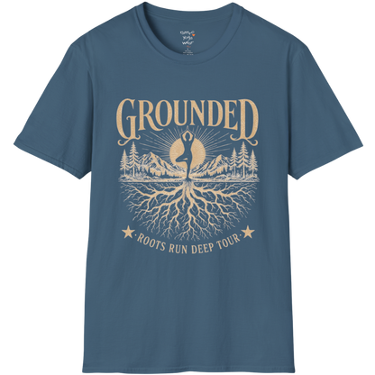 Indigo Blue Grounded T-Shirt featuring rooted yoga artwork with relaxed spiritual aesthetic.