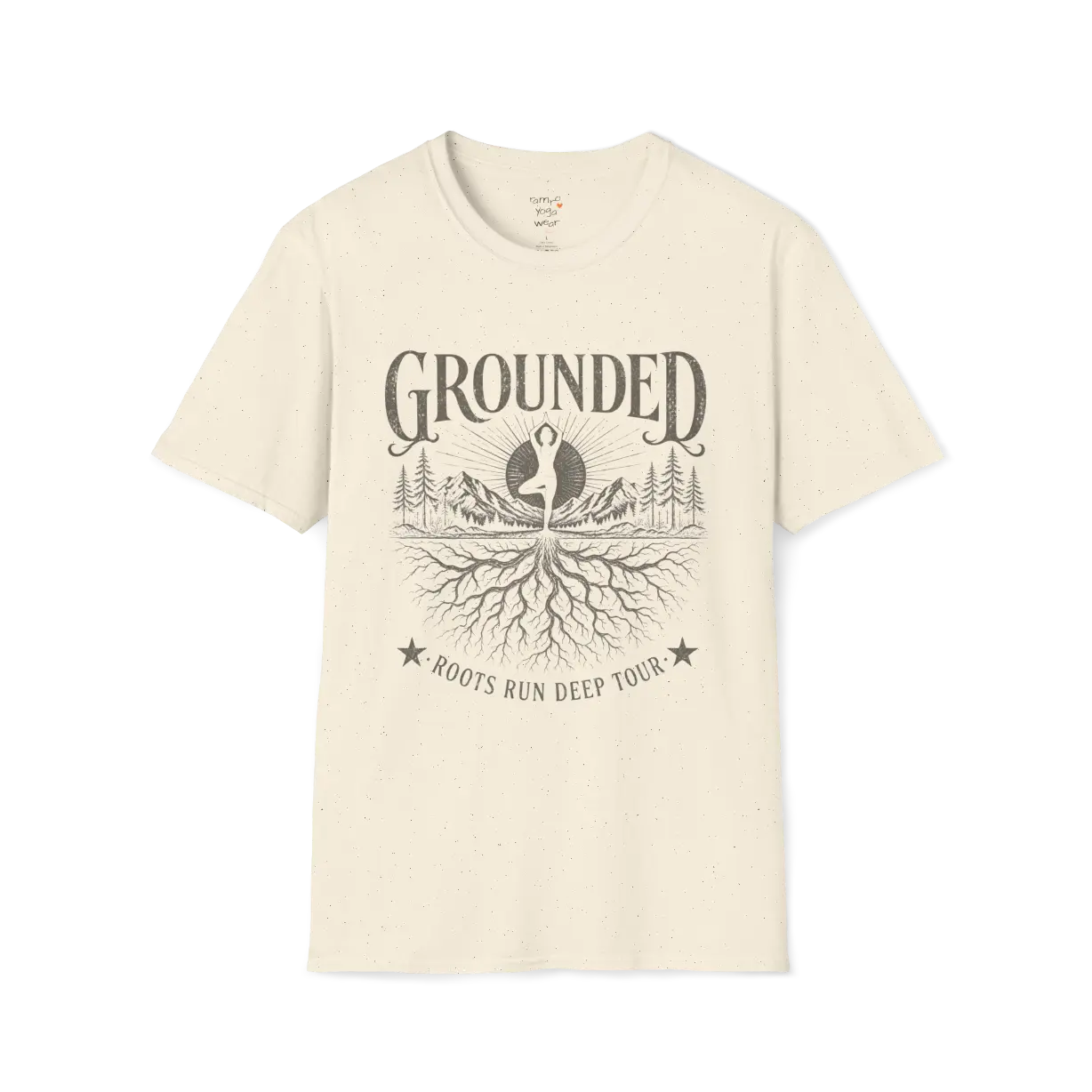 Natural Grounded T-Shirt with mountain roots yoga graphic in soft earthy mindful styling.