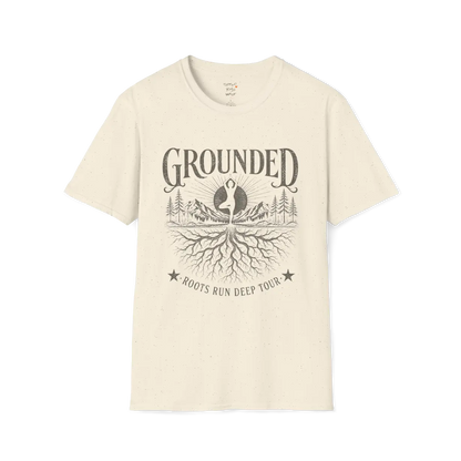Natural Grounded T-Shirt with mountain roots yoga graphic in soft earthy mindful styling.