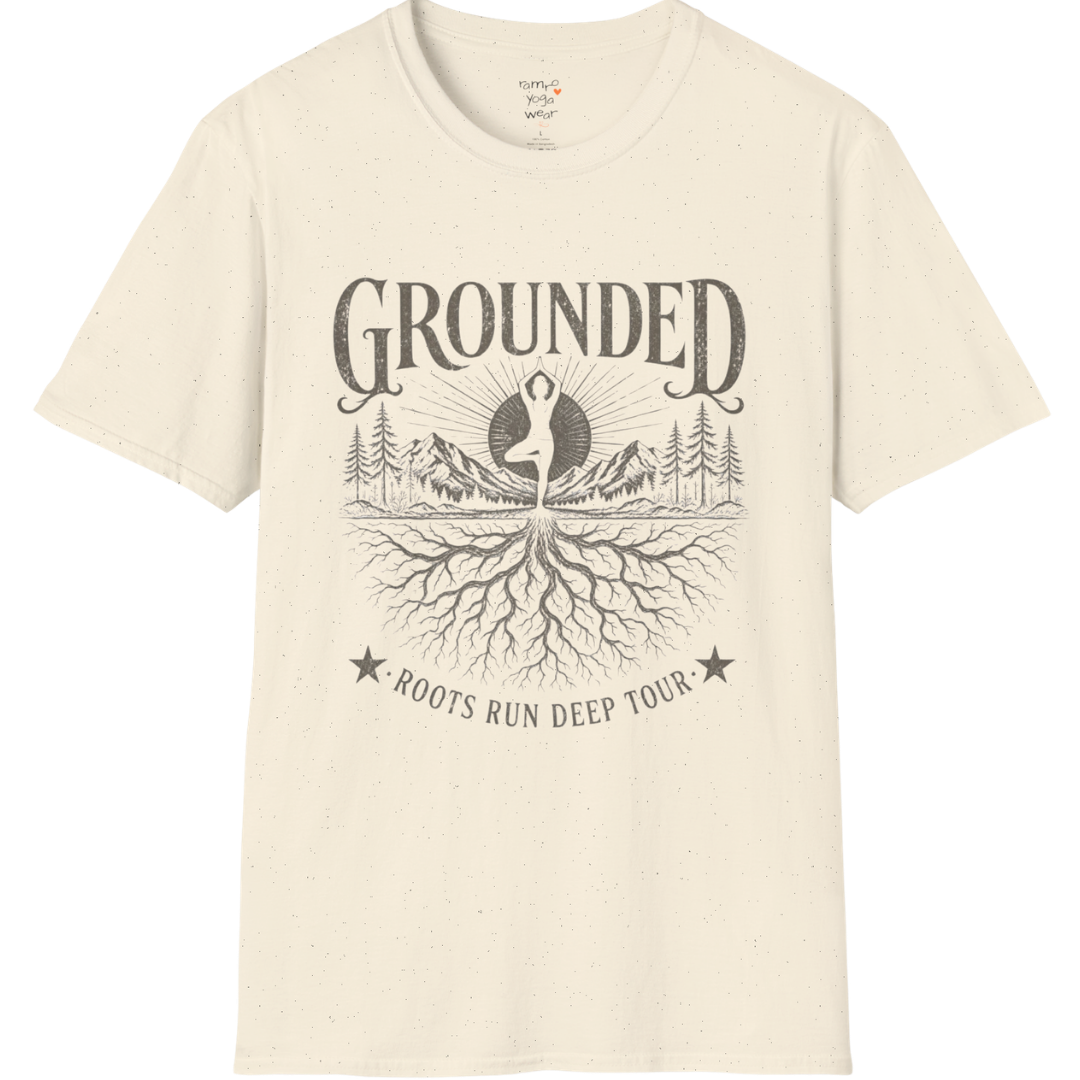 Natural Grounded T-Shirt with mountain roots yoga graphic in soft earthy mindful styling.